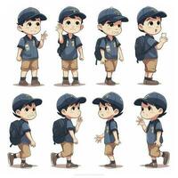 little boy character, multiple poses and expressions, children book illustration style, simple, cute, 5 year old, full color, generate ai photo