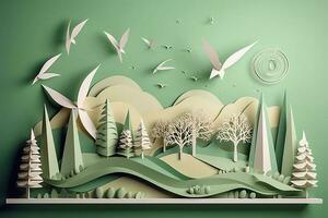 Paper art, renewable energy with green energy such as wind turbines, Renewable energy by 2050 Carbon neutral energy, Energy consumption, and CO2, Reduce CO2 emission concept, generate ai photo