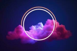 3d render, abstract cloud illuminated with neon light ring on dark night sky. Glowing geometric shape, round frame, generate ai photo