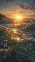 Magical red sunset in the open sea red sky and ocean waves at dusk beautiful sunset above the sea sunset background, generate ai photo
