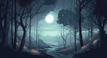 the landscape of a spooky forest at night, in the style of realistic blue skies, whimsical illustration, detailed backgrounds, free brushwork, generate ai photo