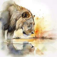 A lion drinking from a river at sunset watercolor painting, beautiful natural forms, crisp clean shapes, colorful, white background , generate ai photo