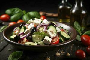 griego ensalada con Fresco verduras, queso feta queso, kalamata Olivos, seco orégano, rojo vino vinagre y aceituna aceite. sano alimento, generar ai foto