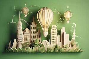 Paper cut of light bulb with green eco city , Renewable energy by 2050 Carbon neutral energy or greenhouse gas emission CO2 , Save energy creative idea concept , photo