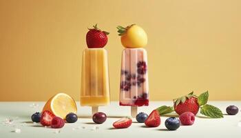 Levitating ice cream popsicles with fruit and berries on pastel background, free copyspace for text. Flying ice cream, summer dessert, frozen fruit juice. image photo