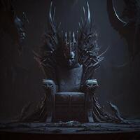 illustration of the hell throne hall with a throne, idea for scary background backdrop, fantasy throne, majestic throne room decorated, photo