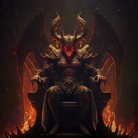 diablo en infierno, demonio sentado en un trono, guerrero Rey sentado en el trono. fantasía escenario. concepto arte, generar ai foto