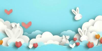 Horizontal banner with paper cut clouds, rabbit, eggs, and hearts, blue sky background, paper cut craft art. A place for text. Happy Easter Day sale concept, template with square frame, generate ai photo