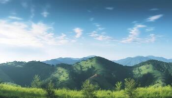 mundo ambiente día concepto, verde montañas y hermosa azul cielo nubes generativo ai foto