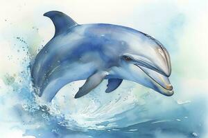 Paint a playful dolphin jumping out of the water watercolor painting, beautiful natural forms, crisp clean shapes, colorful, white background, generate ai photo