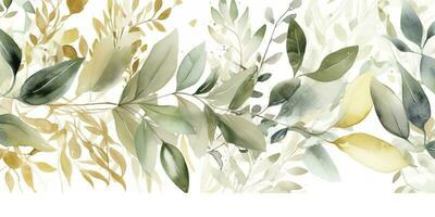 Watercolor seamless border - illustration with green gold leaves and branches, for wedding stationary, greetings, wallpapers, fashion, backgrounds , generate ai photo