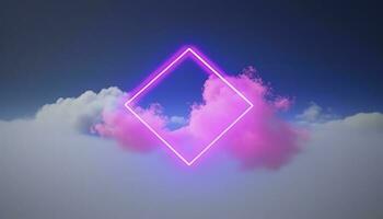 3d render, abstract minimal background with pink blue yellow neon light square frame with copy space, illuminated stormy clouds, glowing geometric shape, generate ai photo