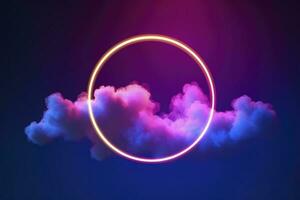 3d render, abstract cloud illuminated with neon light ring on dark night sky. Glowing geometric shape, round frame, generate ai photo