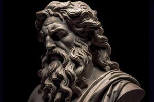 Head of greek god sculpture, statue of a man with long beard on dark background. AI generated image. photo