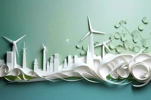 Paper art, renewable energy with green energy such as wind turbines, Renewable energy by 2050 Carbon neutral energy, Energy consumption, and CO2, Reduce CO2 emission concept, generate ai photo