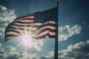 retroiluminado nosotros nacional bandera volador y ondulación en el viento terminado gris Tormentoso nublado cielo, símbolo de americano patriotismo, bajo ángulo, generar ai foto