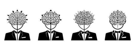 Men in suitcase with a brain on his head. Brain logo concept. vector