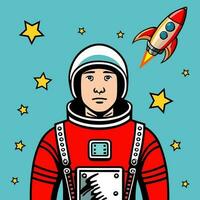 Vector illustration of a man in a space suit with stars and rocket on the background.