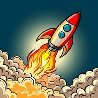 Cartoon drawing of a rocket with flame and smoke from the nozzle. vector