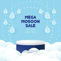 Monsoon sale banenr template. product podium in clouds and hanging artistic water drops vector