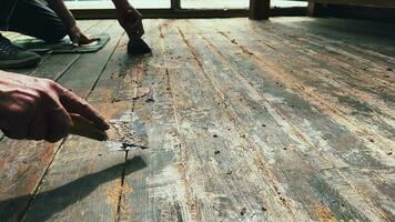 Applying glue with a spatula to the wooden floor gaps on the floor Video