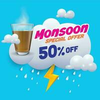 vector illustration of monsoon offer unit with clouds, thunder and raining clouds with tea in glass