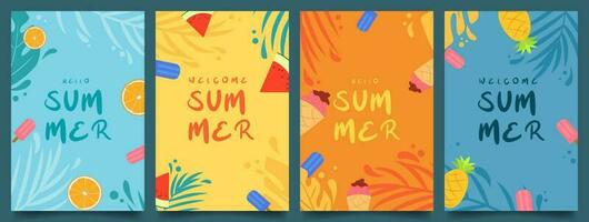 set simple flat vertical summer splash design with leaf, ice cream, watermelon, pineapple and lemon background vector illustration EPS10