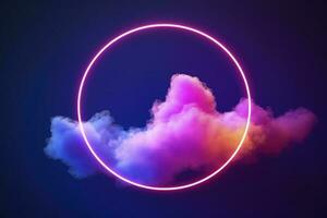 3d render, abstract cloud illuminated with neon light ring on dark night sky. Glowing geometric shape, round frame, generate ai photo