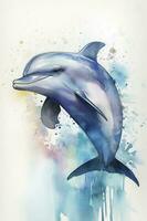 Cute jumping baby dolphin watercolor illustration, generate ai photo