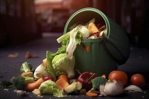 Uneaten unused spoiled vegetables thrown in the trash container. Food loss and food waste. Reducing wasted food, composting, rotten veggies in a trash. . photo