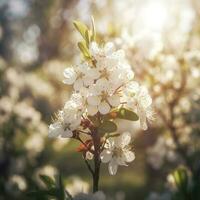 Spring blossom background. Beautiful nature scene with blooming tree and sun flare , generat ai photo