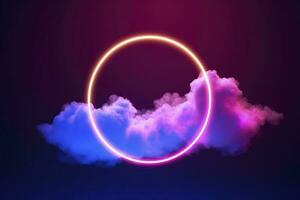 3d render, abstract cloud illuminated with neon light ring on dark night sky. Glowing geometric shape, round frame, generate ai photo