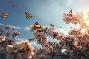 Spring banner, branches of blossoming cherry against the background of blue sky, and butterflies on nature outdoors. Pink sakura flowers, dreamy romantic image spring, landscape panorama, generate ai photo