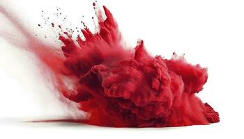 brillante rojo holi pintar color polvo festival explosión aislado blanco antecedentes. industrial impresión concepto fondo, generar ai foto