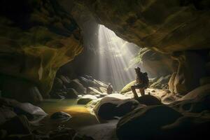aventurero en un cueva, generar ai foto