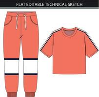 Colorblock sweatpants with crop top flat editable technical sketch vector