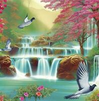 3d mural colorful landscape. flowers branch multi colors with trees and water. Waterfall and flying birds. suitable for printing on canvas, generate ai photo