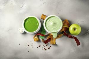 Sauces, apple and green measuring tape on grunge background. Diet concept, generate ai photo