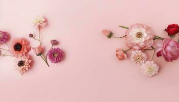 Top view image of pink flowers composition over pastel background , generate ai photo