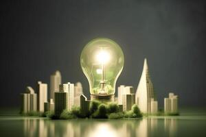 energía consumo y co2 gas emisiones son creciente ligero bombillas con verde eco ciudad, renovable energía por 2050 carbón neutral energía, salvar energía creativo idea concepto, generativo ai. foto