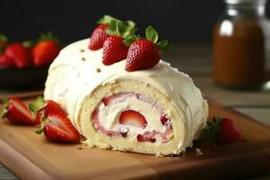 Delicious cake roll with strawberries and cream on wooden board, closeup, generate ai photo