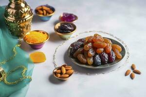 Eid al-Fitr holiday concept with sweet dried dates, fruits and decorations on bright background. Top view from above, generate ai photo
