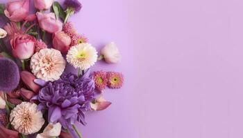 multicolored spring flowers on purple background , generate ai photo