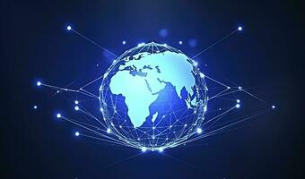 Global network on Earth concept. 3D rendering, World map point. Big data analytics and business concept, world map point and line composition concept of global business, generate ai photo
