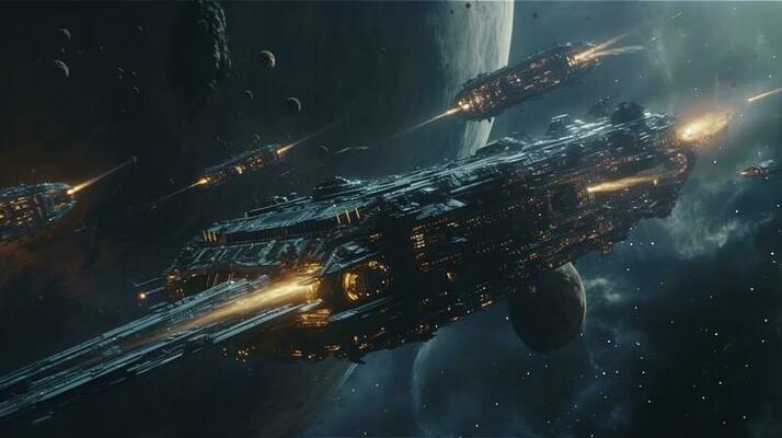 SuperHumanEpoch: Cinematic Still, intense space battle between two massive  battleships, starry sky, nebulae, galaxies, HDR futuristic space battleship  destroyers traveling through an asteroid field, planer in the isolated  blurred background