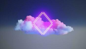 3d render, abstract minimal background with pink blue yellow neon light square frame with copy space, illuminated stormy clouds, glowing geometric shape, generate ai photo