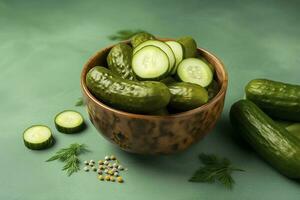Bowl with tasty fermented cucumbers and ingredients on green background, generate ai photo