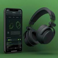 Mobile phone screen mockup, black headphones  Smartphone display mock up and head phones for listening music, audio, podcast app , generate ai photo