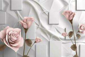 3d classic wallpaper. rose flowers on a light gray background with squares and wavy shapes. for wall home decor, generate ai photo