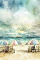 Beautiful beach banner. White sand, chairs, and umbrella travel tourism wide panorama background concept. Amazing beach watercolor landscape watercolor painting, generate ai photo